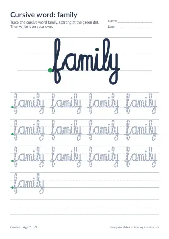 Preview of the cursive word: family worksheet