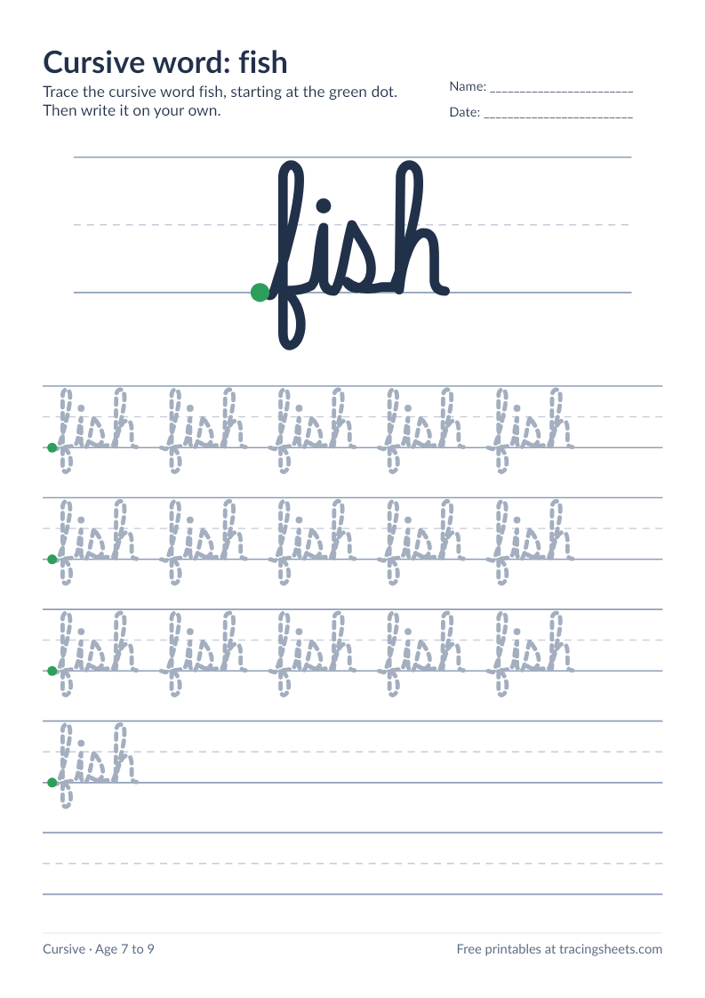 Preview of the printable cursive word: fish worksheet