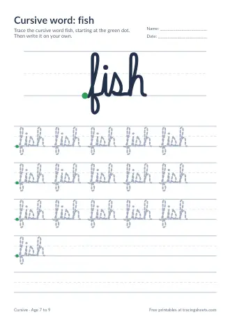 Preview of the cursive word: fish worksheet