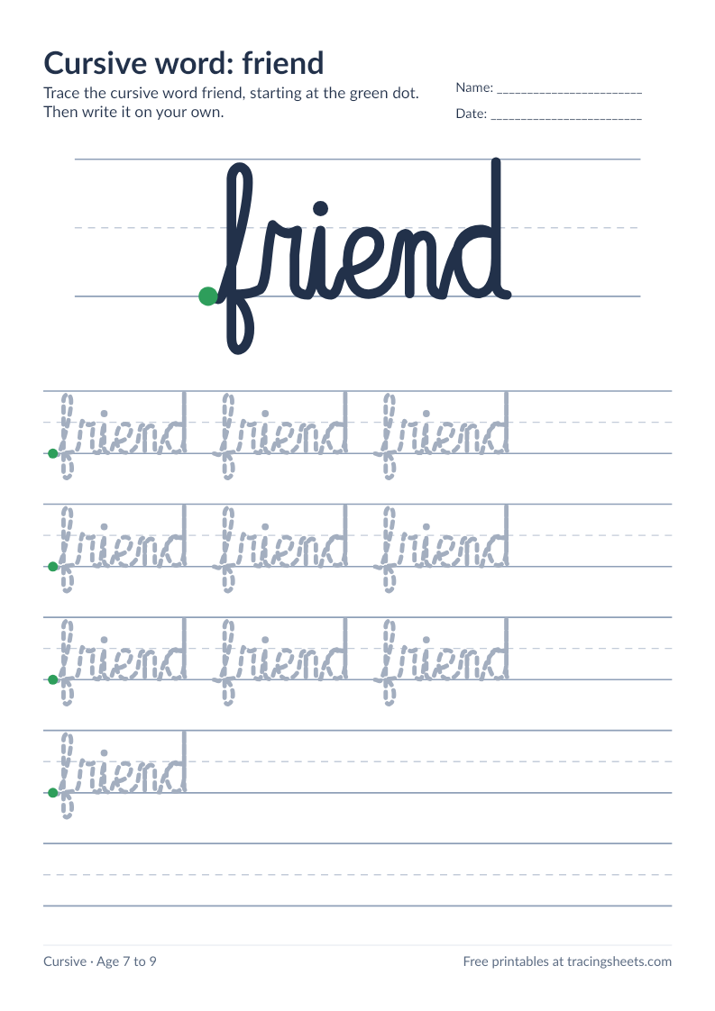Preview of the printable cursive word: friend worksheet