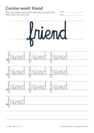 Preview of the cursive word: friend worksheet