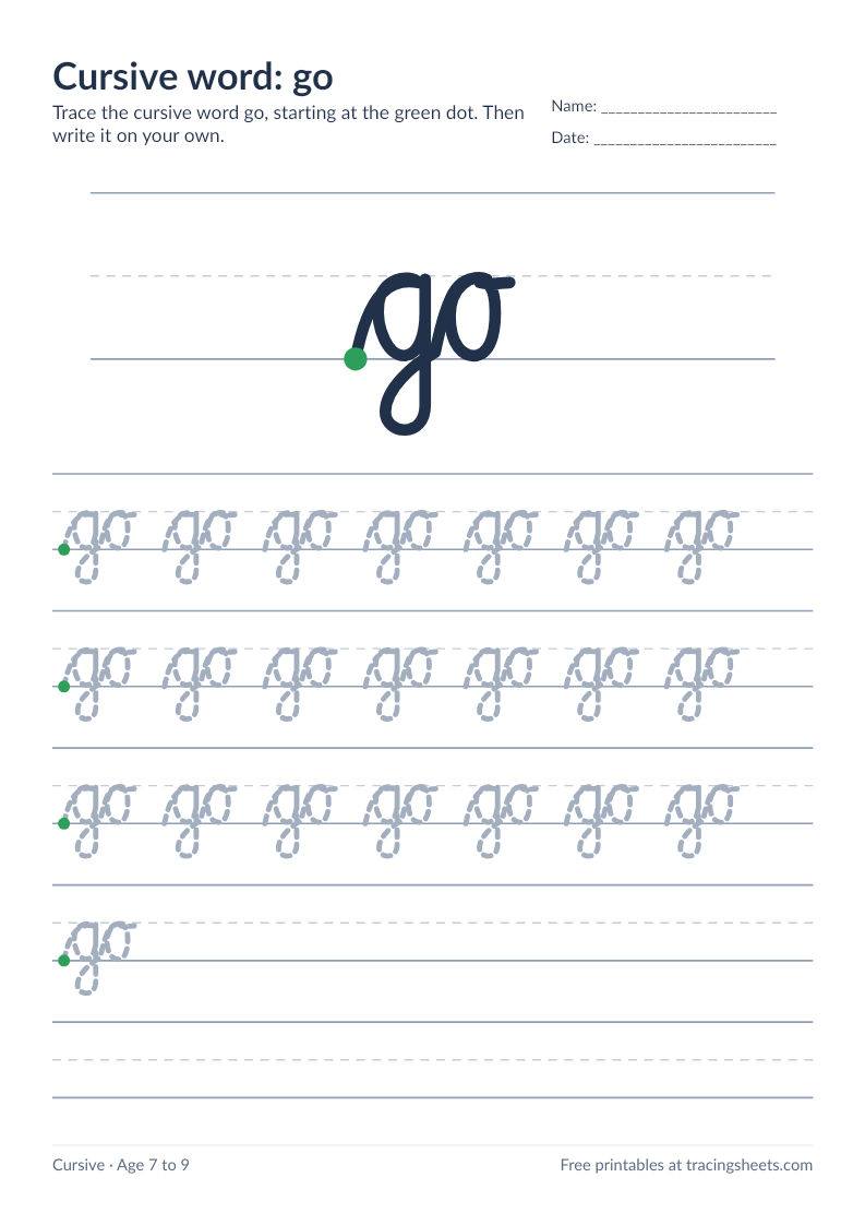 Preview of the printable cursive word: go worksheet