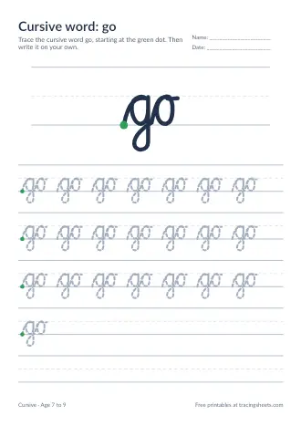 Preview of the cursive word: go worksheet