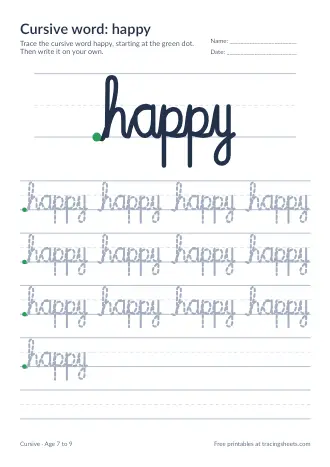 Preview of the cursive word: happy worksheet