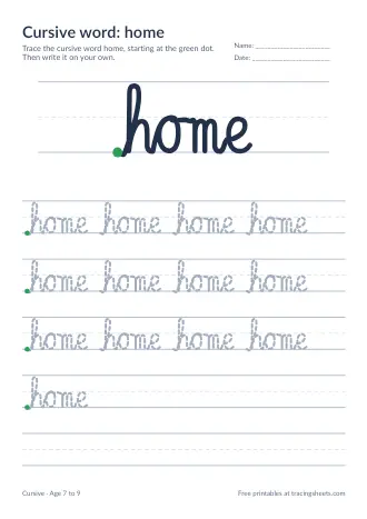 Preview of the cursive word: home worksheet