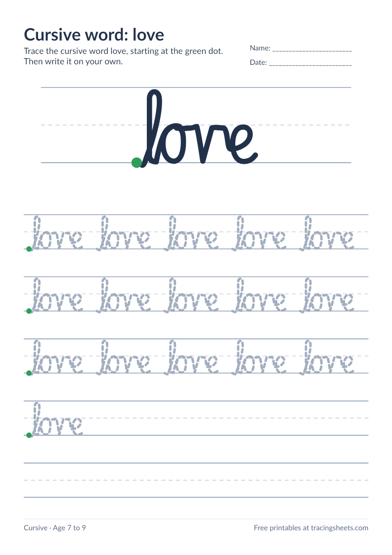 Preview of the printable cursive word: love worksheet