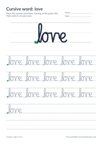 Preview of the cursive word: love worksheet