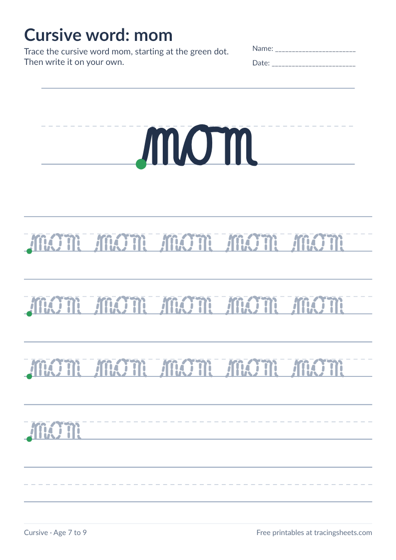 Preview of the printable cursive word: mom worksheet