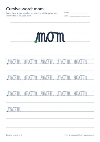 Preview of the cursive word: mom worksheet