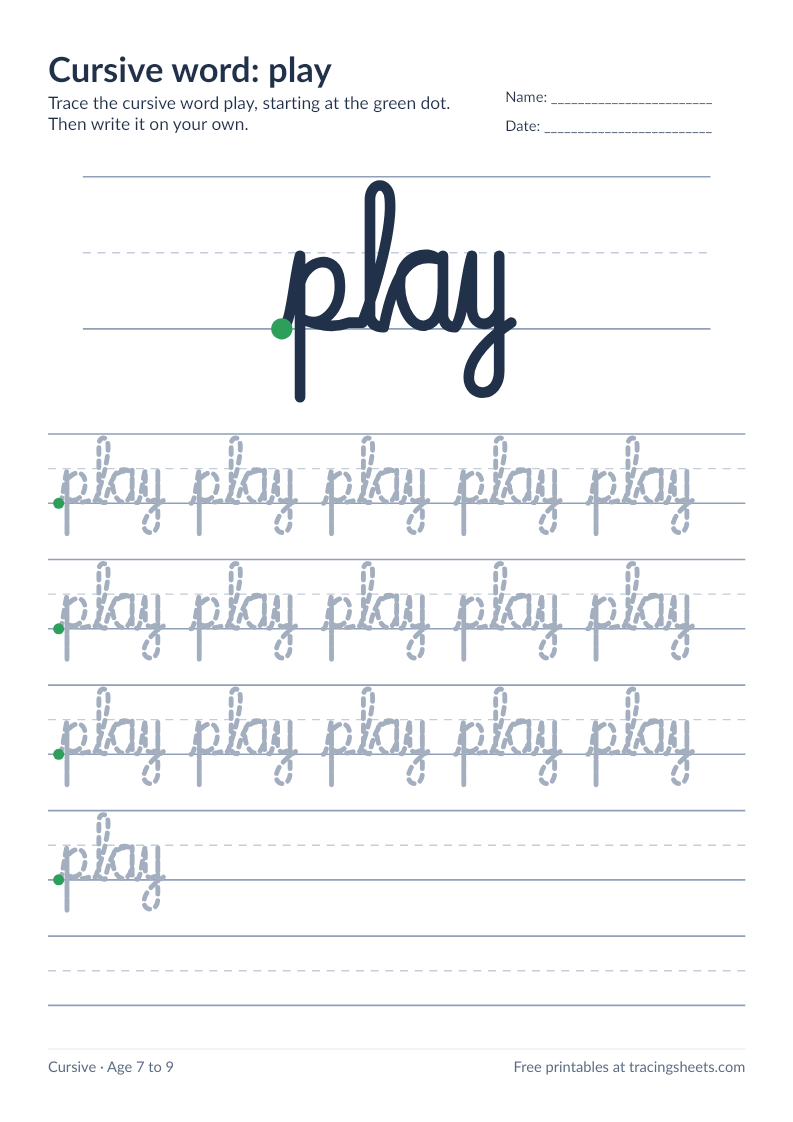 Preview of the printable cursive word: play worksheet