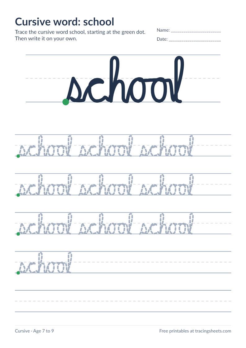 Preview of the printable cursive word: school worksheet