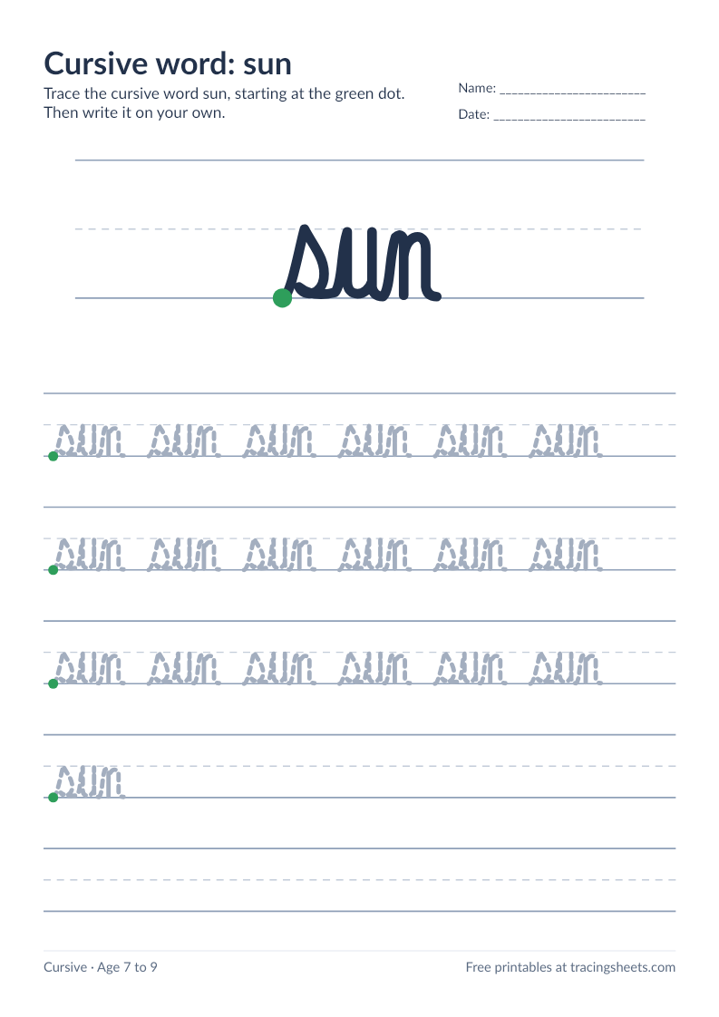 Preview of the printable cursive word: sun worksheet