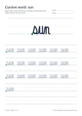 Preview of the cursive word: sun worksheet