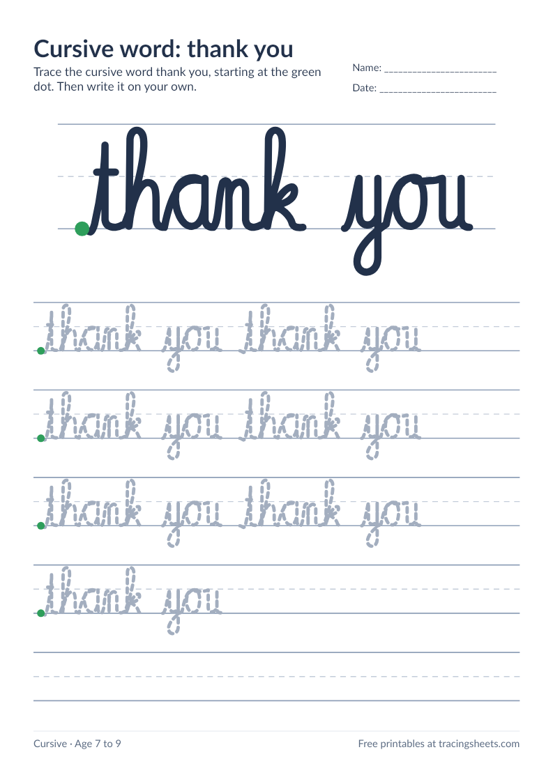 Preview of the printable cursive word: thank you worksheet