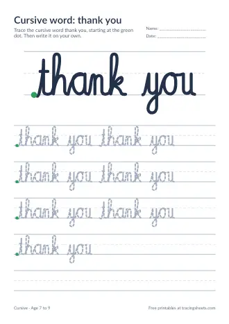 Preview of the cursive word: thank you worksheet
