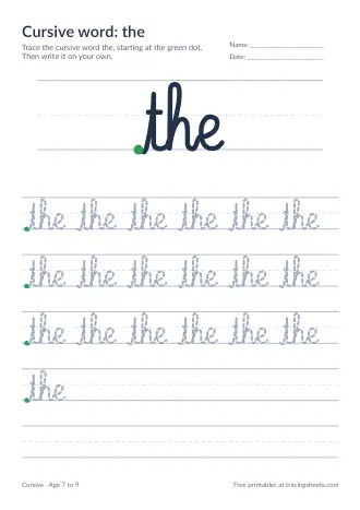 Preview of the cursive word: the worksheet