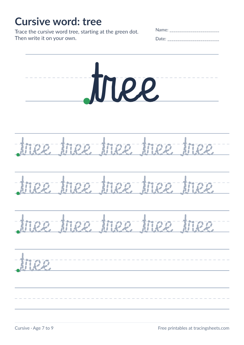 Preview of the printable cursive word: tree worksheet