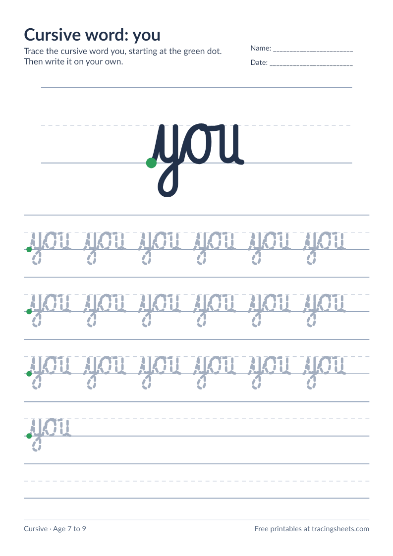 Preview of the printable cursive word: you worksheet