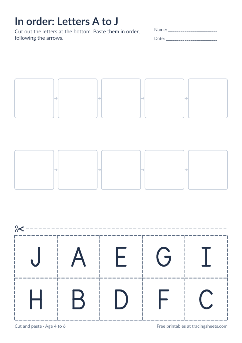 Preview of the printable in order: letters a to j worksheet