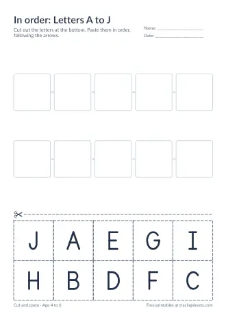 Preview of the in order: letters a to j worksheet