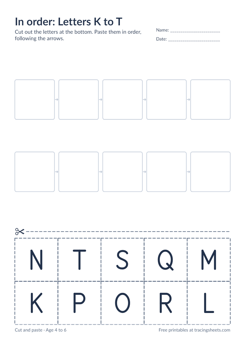 Preview of the printable in order: letters k to t worksheet