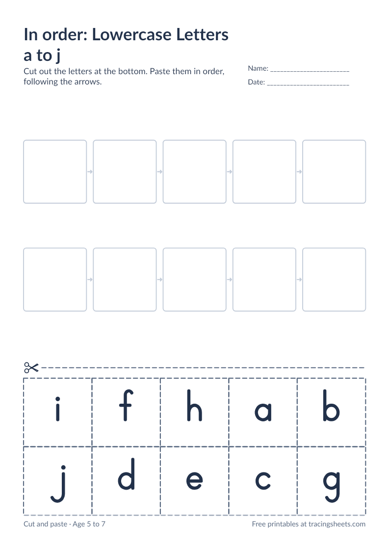 Preview of the printable in order: lowercase letters a to j worksheet