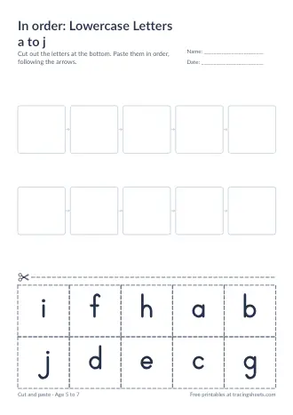 Preview of the in order: lowercase letters a to j worksheet