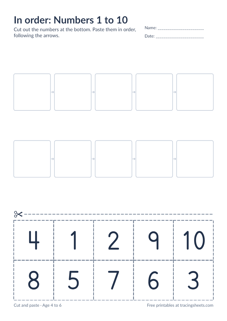 Preview of the printable in order: numbers 1 to 10 worksheet