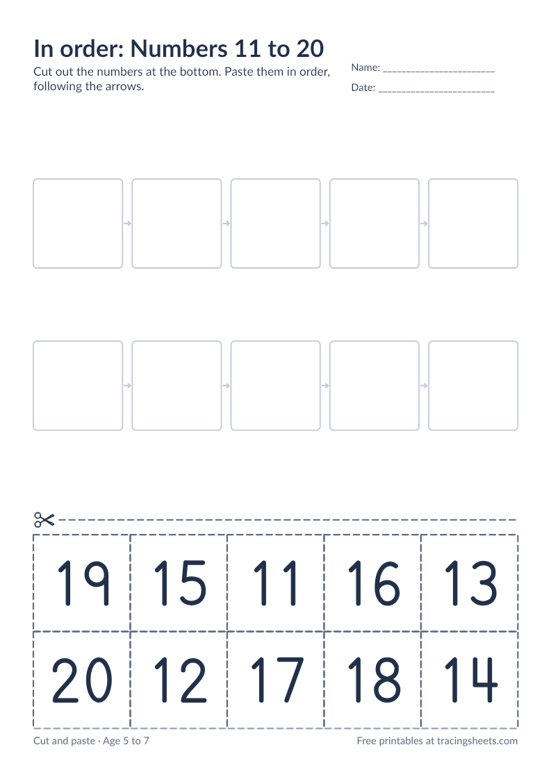 Preview of the printable in order: numbers 11 to 20 worksheet