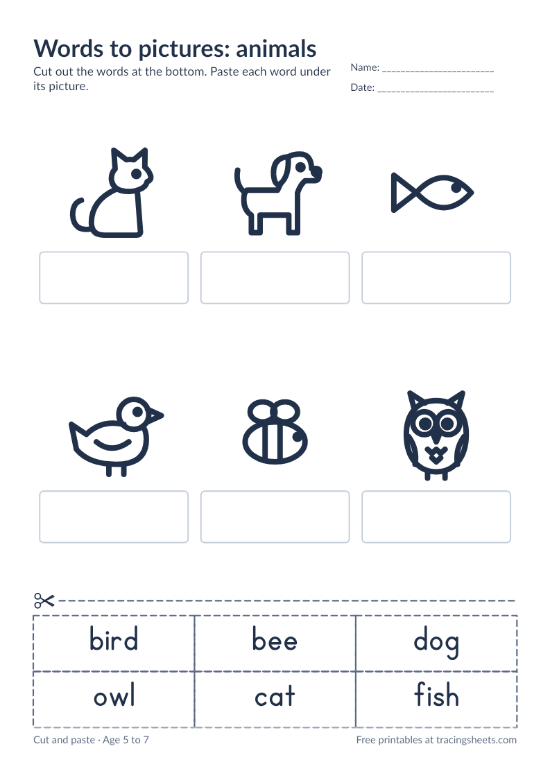 Preview of the printable words to pictures: animals worksheet