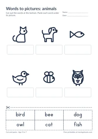 Preview of the words to pictures: animals worksheet