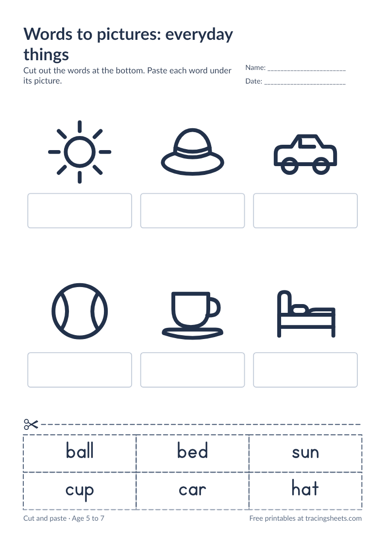 Preview of the printable words to pictures: everyday things worksheet