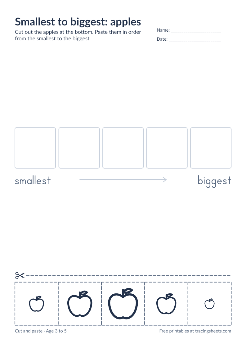 Preview of the printable smallest to biggest: apples worksheet