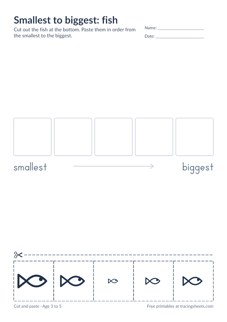 Preview of the printable smallest to biggest: fish worksheet