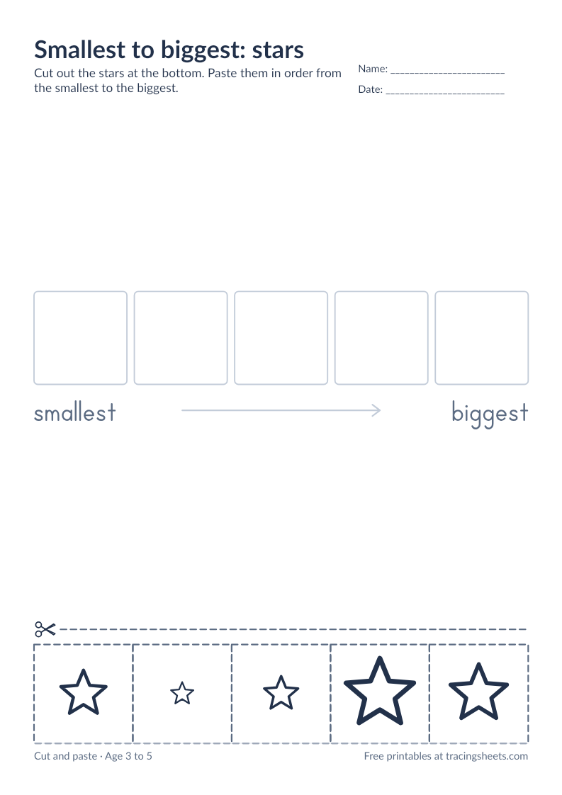 Preview of the printable smallest to biggest: stars worksheet