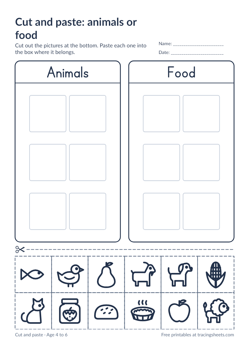 Preview of the printable cut and paste: animals or food worksheet