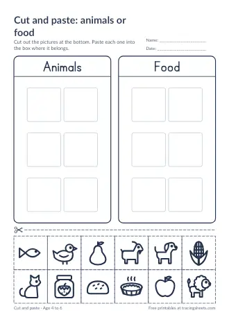 Preview of the cut and paste: animals or food worksheet