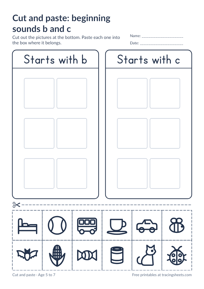 Preview of the printable cut and paste: beginning sounds b and c worksheet