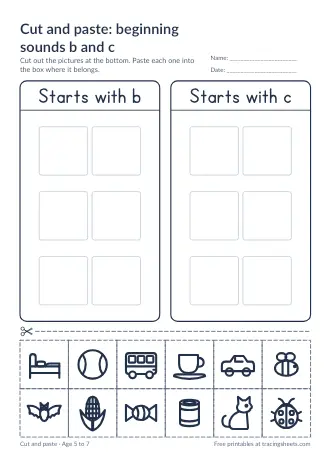 Preview of the cut and paste: beginning sounds b and c worksheet