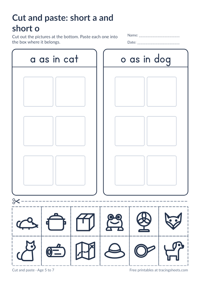 Preview of the printable cut and paste: short a and short o worksheet