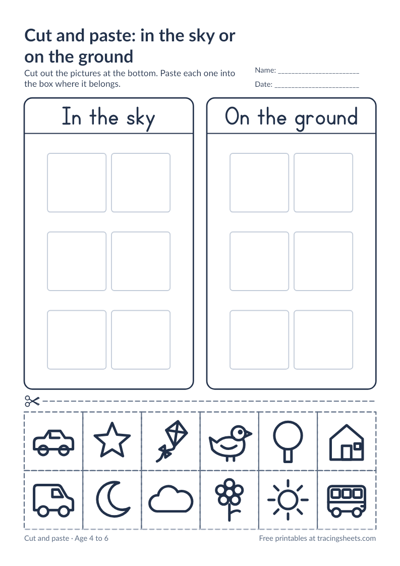 Preview of the printable cut and paste: in the sky or on the ground worksheet