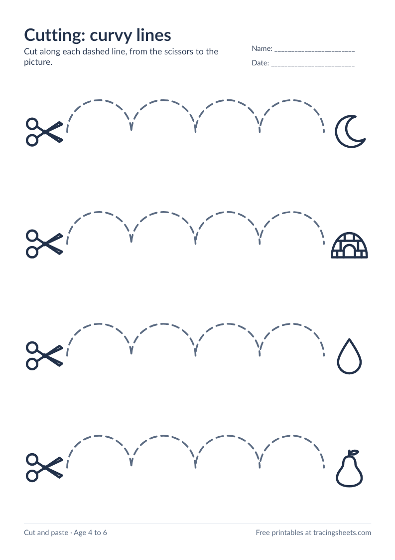 Preview of the printable cutting: curvy lines worksheet