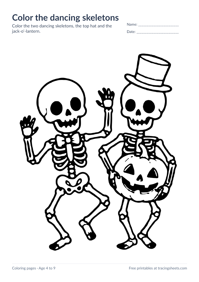 Preview of the printable color the dancing skeletons worksheet