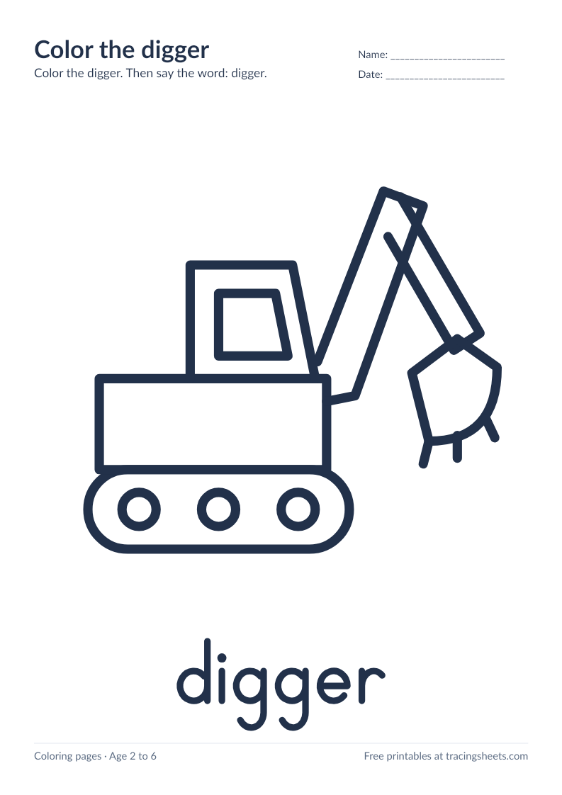 Preview of the printable color the digger worksheet