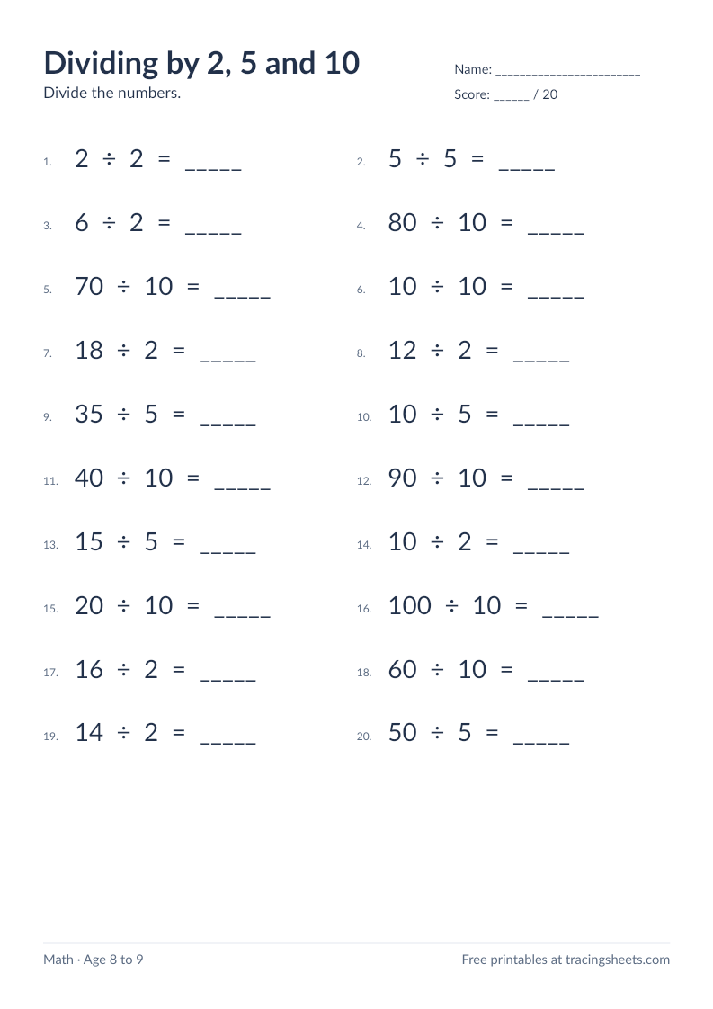 Preview of the printable dividing by 2, 5 and 10 worksheet