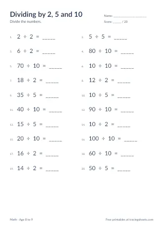 Preview of the dividing by 2, 5 and 10 worksheet