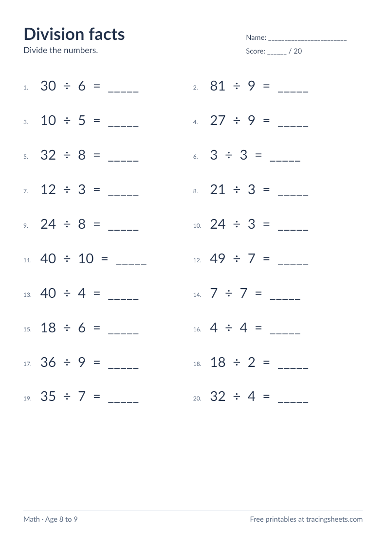 Preview of the printable division facts worksheet