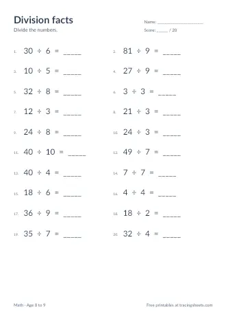 Preview of the division facts worksheet