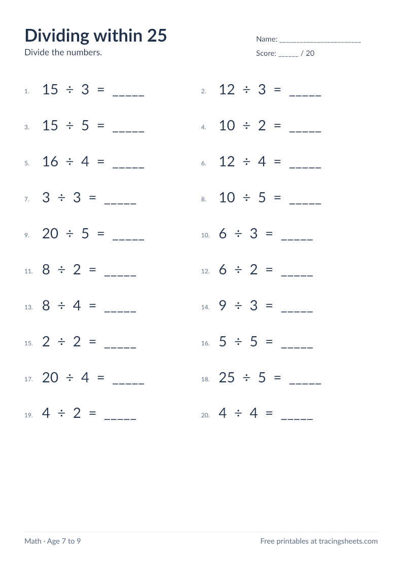 Preview of the printable dividing within 25 worksheet