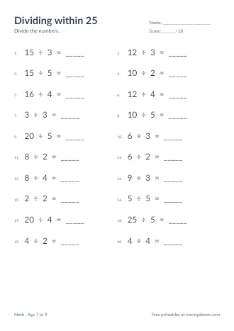 Preview of the dividing within 25 worksheet